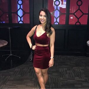 Tobi Two Piece Wine Red Burgundy Velvet Velour Set Crop Top and Skirt XS/S